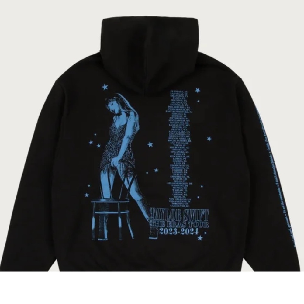 Black Taylor Swift Eras Tour Hoodie with Blue Graphic Vigilante Sh*t Print